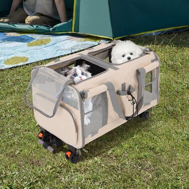 Транспортна переноска для котів та собак на 2 тварин з колесами, 17,5 кг, для прогулянок та парку (Бежевий)