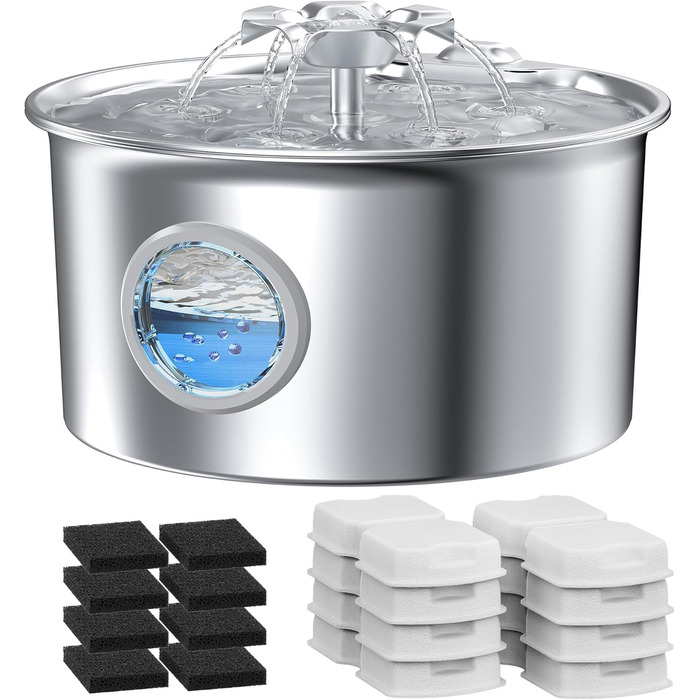 Джерело питної води для котів та собак з нержавіючої сталі: фонтанчик для води з рівнем води, дизайн у вигляді квітки, 2.6л, 8 фільтрів + 8 губок