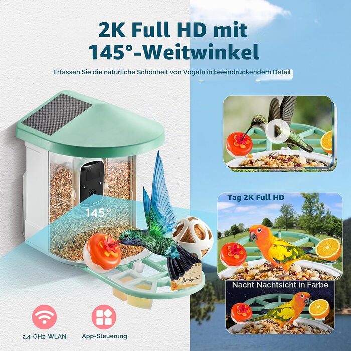 Годівниця для птахів VEVOR з камерою 2K HD, ШІ-розпізнаванням понад 10 000 видів птахів, сонячною панеллю, автоматичним записом та сповіщеннями (Зелена)