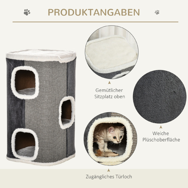 Кігтеточка PawHut Cat Tree з 3 ярусами, ДСП, оксамитовий поліестер, сизаль, сірий+білий, 40x40x74см| Аосом