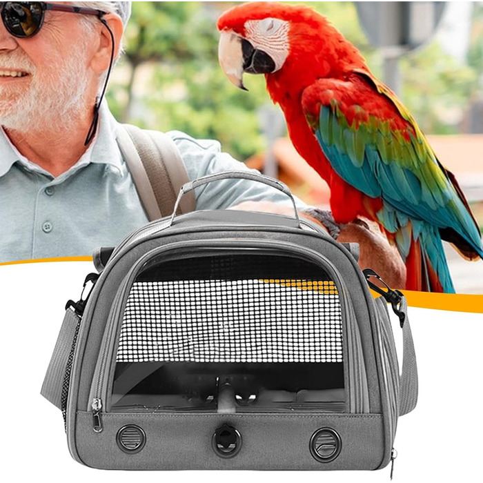 Клітка для папуг – переноска для маленьких тварин | Переноска для птахів з жердкою | Сумка для папуг | Дихаюча переноска на блискавці | Універсальна переноска для тварин сірого кольору