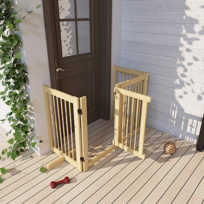 PawHut Barrier Dog Freestanding, 200 см, Ворота для собак Складні з дверима, Дерево, Натуральне Дерево