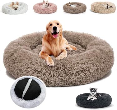 Кругле ліжко для собак та котів, плюшеве, XL 80см, знімний та пральний чохол, ліжко-доннат для маленьких, середніх та великих собак, 80x80x20см, колір: Кофе
