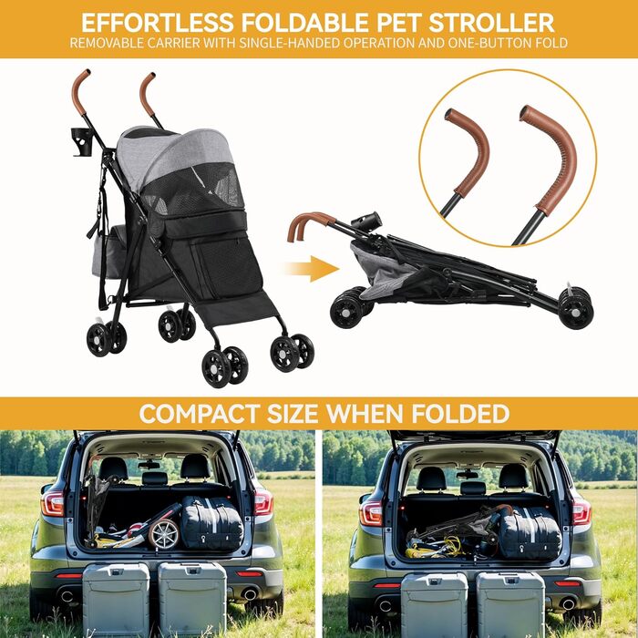 Візок для собак та котів DWVO - зручний та компактний, до 11,3 кг, сірий/чорний, 45x80x103 см