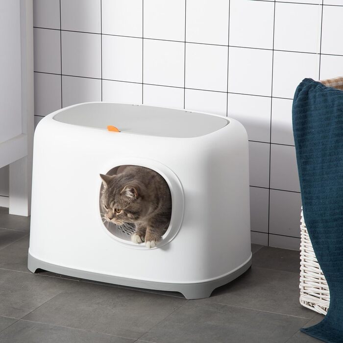 Туалет для котів PawHut з кришкою, пластиковий, білий, до 5 кг, 55x40x39 см