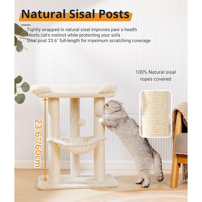 Драбина-кіготь для котів Happi N Pets 71 см, бежева: стабільна, з великим ліжком та гамаком, покриття з сизалю