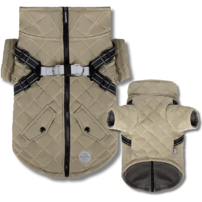 Теплий водонепроникний зимовий пуховик для собак Lalzoo LUVI 2-в-1 з інтегрованим нашийником – для маленьких та середніх собак, світлодіодна куртка, бежевий, розмір S