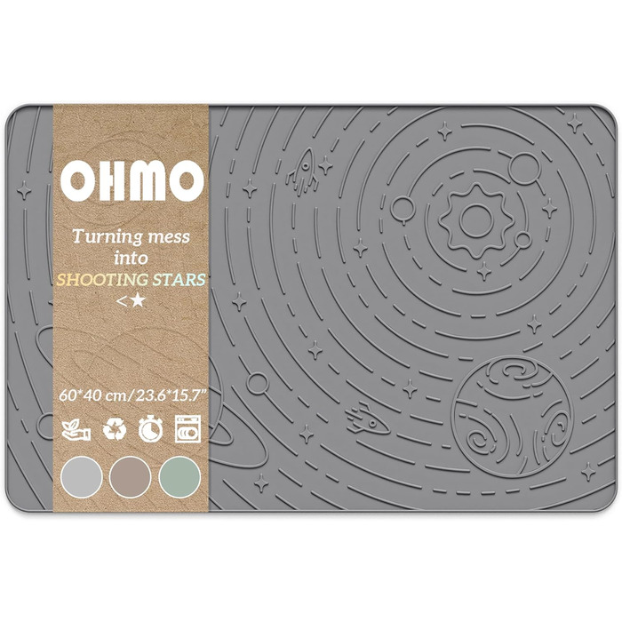 Підкладка під миску для собак та котів OHMO, 60x40 см, силіконова, неслизька, вологостійка, сіра