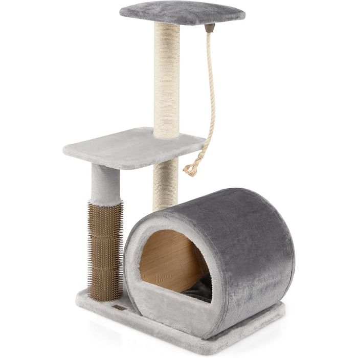 Дерев'яний кігтеточки для котів COSTWAY 92 см з печерою, бамбук, килимок, щітка, м'яч, кріплення, активний комплекс (сірий)