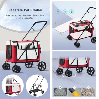 Легкий розкладний візок для дітей та маленьких собак – дихаючий візок для котів та собак – переноска для 2 тварин – портативний візок для домашніх тварин – система подорожей для цуценят та кошенят, червоний