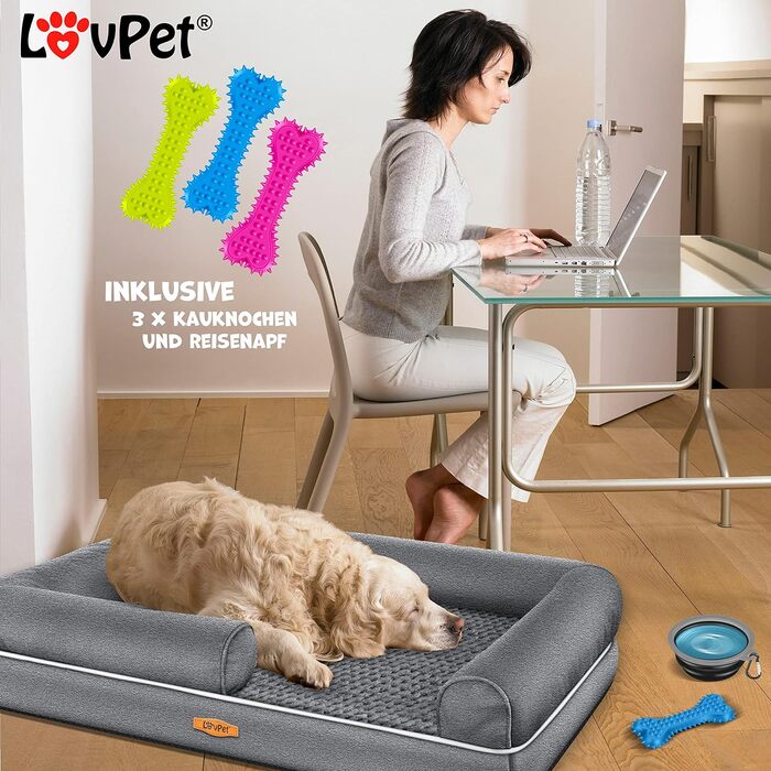 Ортопедичне ліжко-матрац для собак Lovpet Relax, комплект: миска + 3 жувальні кістки, диван-лежак для малих, середніх і великих собак, знімний і праний чохол, 91x71x22 см, антрацит
