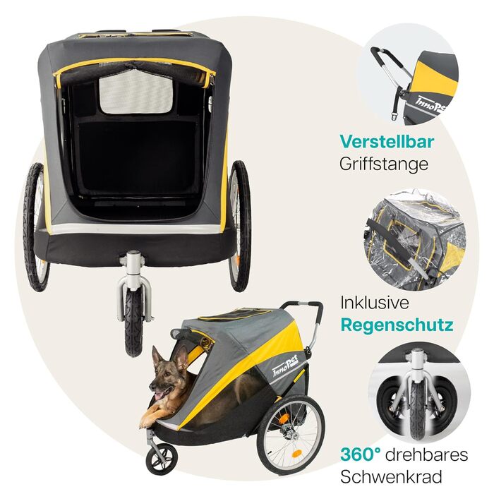 Візок для собак Innopet Hercules 2.0, жовто-сірий - міцний, до 50 кг, з дощем, колеса 45см, EFA колеса