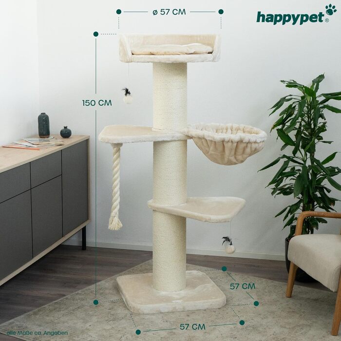 HAPPYPET Premium Котячий дряпак для великих котів Cooper 150 см, кремовий, для Мейн-кун, товсті стовпи 20 см, натуральний сизаль
