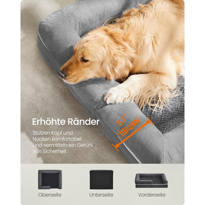 Ортопедичне ліжко для собак Feandrea, м'яке, з піднятими бортиками, знімний чохол, 106 x 76 x 18 см, сірий