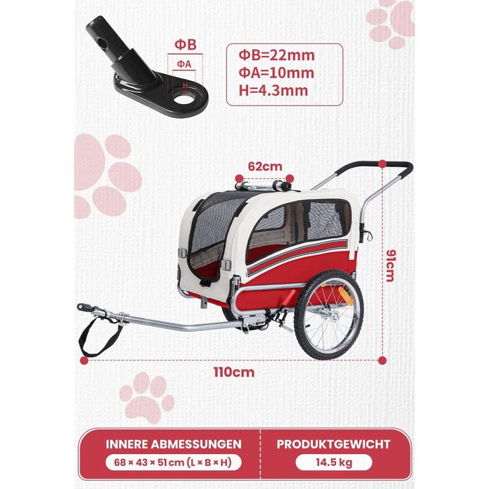SEPNINE® Причеп для собак на велосипед, 2-в-1, для тварин до 30 кг, червоний