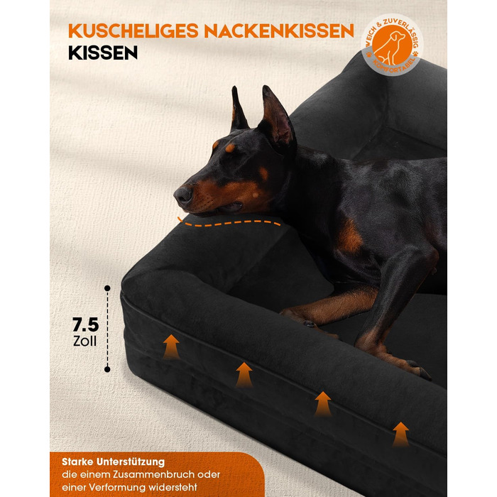 Ортопедичне ліжко для собак XL, корзина для собак, що стирається, з яєцеподібною піною, водонепроникний диван для собак з неслизьким дном та чотиристоронньою подушкою (Чорний, 117x76x19cm)