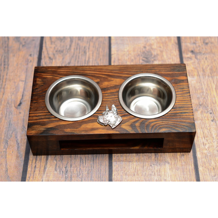 Дерев'яна підставка з мисками для собак, сталеві миски, ручна робота — Німецький дог