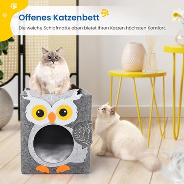 Двоповерховий будиночок для котів Dripex з фетру з подушкою, 30 x 35 x 35 см (Сова)