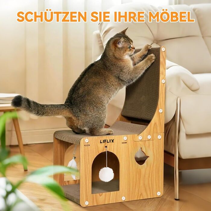 Крізь-дошка для котів LIFLIX L-подібної форми, 67 см, з будиночком для ігор та відпочинку, захист меблів