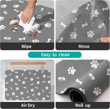 Підкладка для годівлі домашніх тварин – вбираюча підкладка під миски для їжі та води, без плям, швидковисихаюча (Світло-сіра з багатьма лапами, 40 x 60 см)