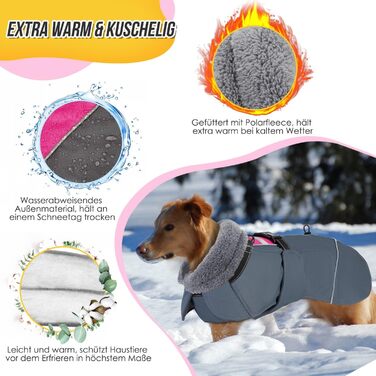 Зимовий собачий одяг SlowTon: водонепроникний, з флісовою підкладкою, з капюшоном-воротником та шнурком, для собак маленьких, середніх та великих порід, Fuchsie, XL