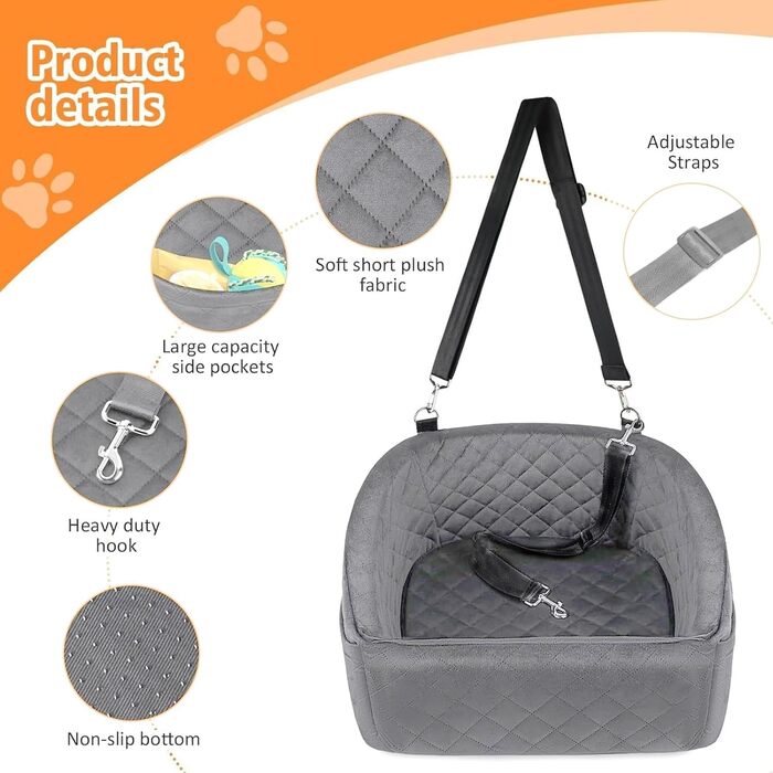 Автокрісло для собак Ejoyous: піднятий крісло для маленьких та середніх собак до 15,9 кг, знімний, з піною з пам'яті, сірий