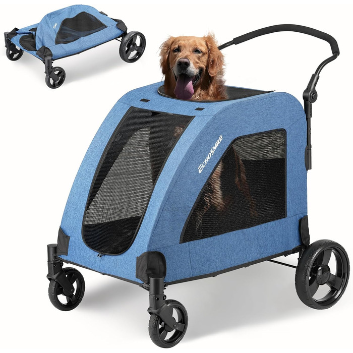 Візок для собак EchoSmile, середній та великий розмір, до 70 кг, складаний, з сітковими вікнами, регульована ручка, 4 проходимі колеса (блакитний)