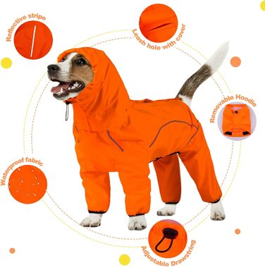 Водонепроникний дощовик для собак Adnikia з капюшоном, регульованими ніжками та отвором для повідка, з відбиваючими смугами, для холодної погоди, M, Оранжевий/Червоний (Zickzackmuster - Sunset Chevron)