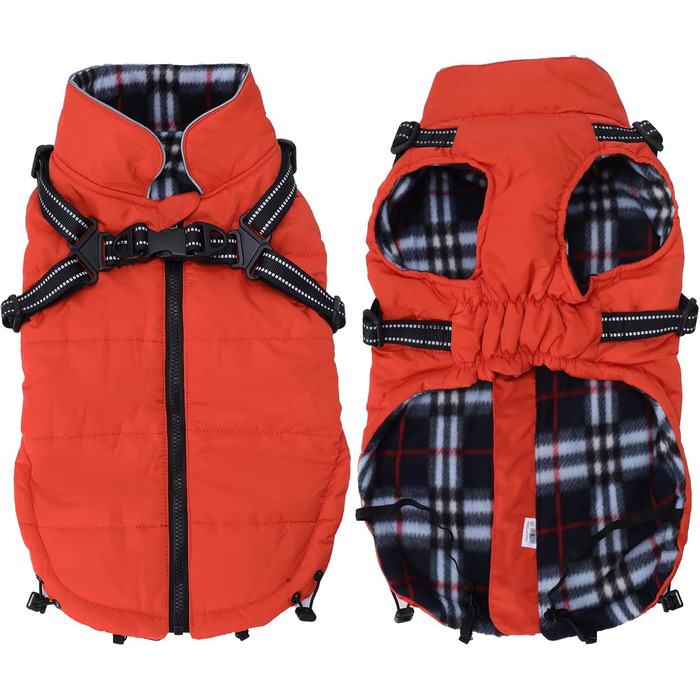 Теплий зимовий одяг для собак з кріпленням для повідка - водонепроникна куртка для собак з блискавкою, оранжевого кольору, XXL (довжина спини: 52 см)