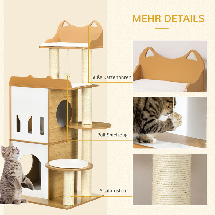 PawHut Cat Tree, 133 см, кігтеточка для кішок Cat Tree з 2 котячими печерами, зі стеблами для подряпин, подушками, м'яч, меблі для кішок, кімнатна, дуб+біла | Аосом