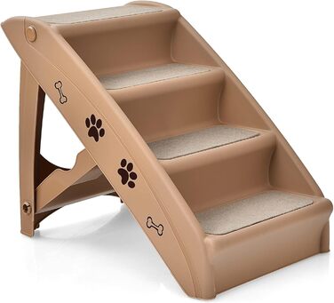 Сходинки для домашніх тварин GYMAX з 4 сходинками, складані, з пластику, з неслизькими підкладками, 4 килимками, трикутною структурою, для котів та собак (колір кавовий)