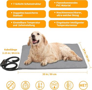 Електрична грілка для котів та собак Toozey 90x60 см, з таймером та регулюванням температури, XL, сіра