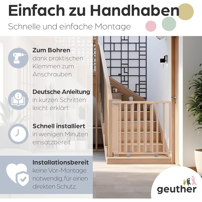 Захист для сходів Geuther Oris | Дверний захист для сходів з кріпленням, ширина 67-95 см | Стабільний захист з розпашною дверцятами | Дерев'яне дитяче гiтер, натуральний лак 67-95 см
