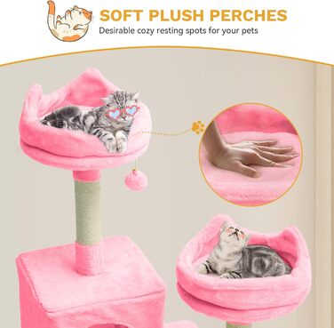 Кігтеточка YITAHOME для котів, велика, 190 см, з 8 стовпів з сизалю, 3 платформи, 2 печери, кошик, гамак, м'ячики, дошка для шліфування кігтів, рожева