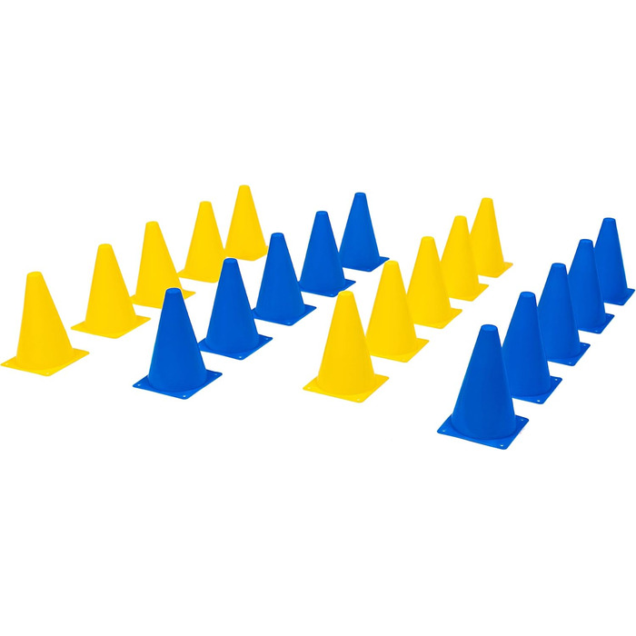 8LevelUp Пиллони для тренувань (20 шт.) - 18 см, жовті та блакитні конуси. Підходять для футболу, кінного спорту, дресирування собак та коней, агіліті. З сумкою.