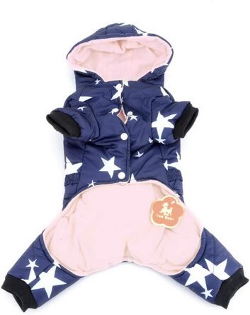 Зуена зимовий теплий костюм для собак з капюшоном, флісовою підкладкою та зірковим поясом. Водонепроникний костюм для собак, теплий одяг для собак, капюшони, комбінезони для котів, цуценят, чихуахуа. Колір: синій, розмір L (спина: 30см; груди: 42см)