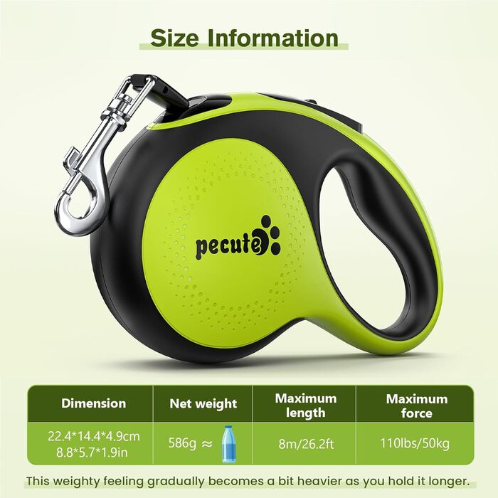 Рулетка для собак Pecute 8м, 50 кг, зелена - безперешкодна, з антиковзним грифом