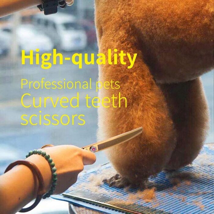 Професійні ножиці для собак Fenice Peak, JP440C, нержавіюча сталь, 17.8 см, вигнуті ножиці для фінальної обробки з 66 зубцями, кут 20-25°, титанове покриття, ергономічні ручки