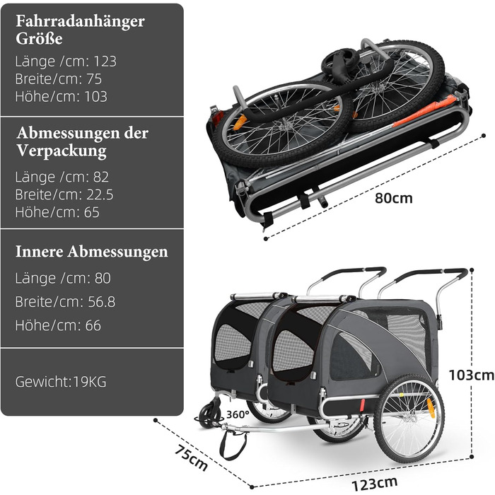 Трансформер для собак XL: велосипедний та візочок 2-в-1, до 40 кг, сірий