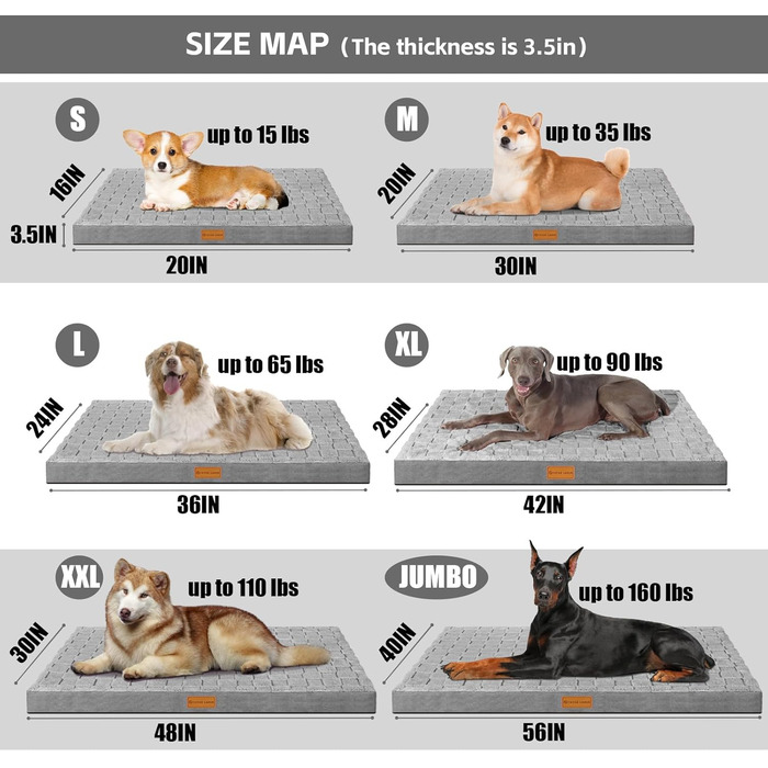 Ортопедичне собаче ліжко Patas Lague XL для великих собак, 106.7 x 71.1 см, водонепроникне, м'яке, тепле, зручне, з Eierkisten-піною, знімний, пральний чохол та антиковзаюча підкладка, сірого кольору