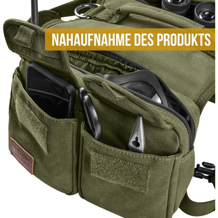 Шлейка для собак OneTigris з рюкзаком Hoppy Camper 3.0, зелена, для середніх та великих собак. Рюкзак для собак з 2 основними та 4 додатковими кишенями