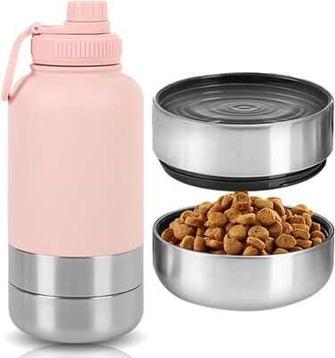 Водяна пляшка для собак на прогулянці, 950 мл, з мискою, ізольована, нержавіюча сталь, термопляшка для собак, рожева