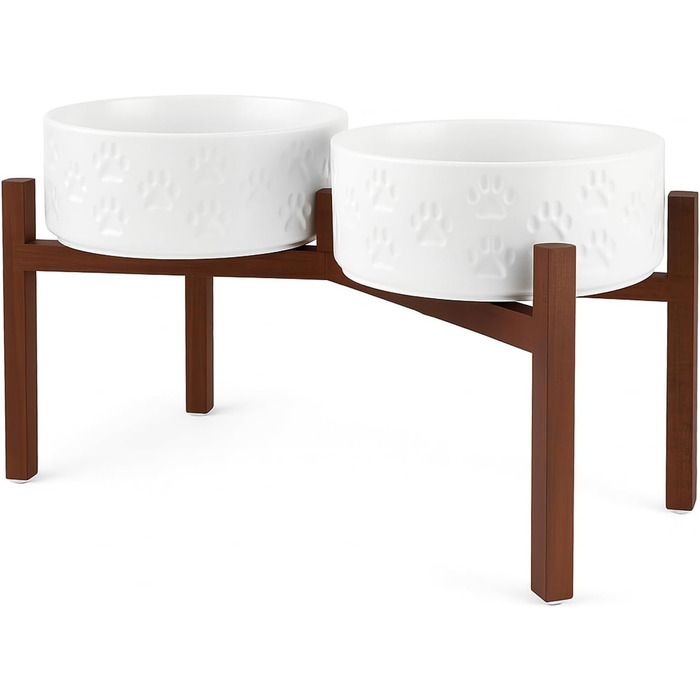 Миска для собак SpunkyJunky з кераміки, подвійна, на підставці з акації, 1800 мл, біла