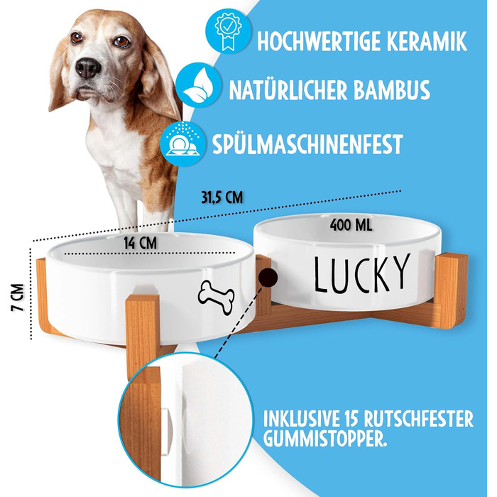 OWLBOOK Миска для собак з гравіюванням імені - подвійна миска з кераміки та бамбука, 300 мл