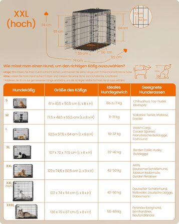 Клітка для собак Feandrea, розкладна, з 2 дверцятами, висувна миска, 122 x 74 x 114 см, XXL, чорна