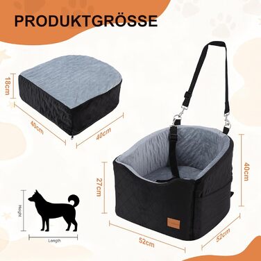 Автокрісло для собак середніх порід до 22,7 кг, автосидіння для собак, крісло-ліжко для подорожей з ременем безпеки, товстим матрацом, неслизьким дном, з можливістю прання та перенесення (Чорний) (55x30x30 см, 52x52x40 см)