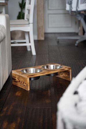Миска для собак і котів Nobledog з кедрового дерева, станція для годування з двома мисками з нержавіючої сталі, об’єм 2×0,6 л