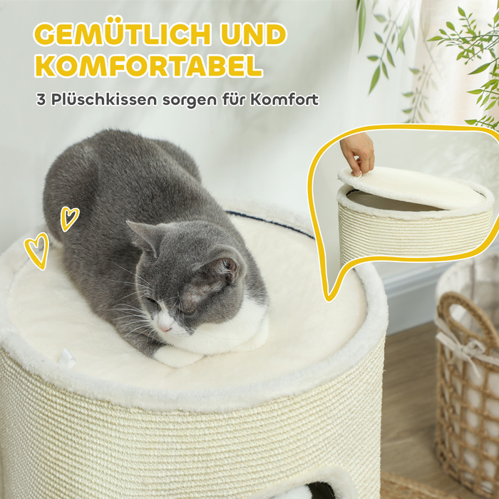 PawHut Scratching Barrel, Бочка для кішок висотою 69 см з 2 отворами, Play Ball, Подільне котяче дерево, Cat Tower для кішок до 5 кг, Cream White | Аосом