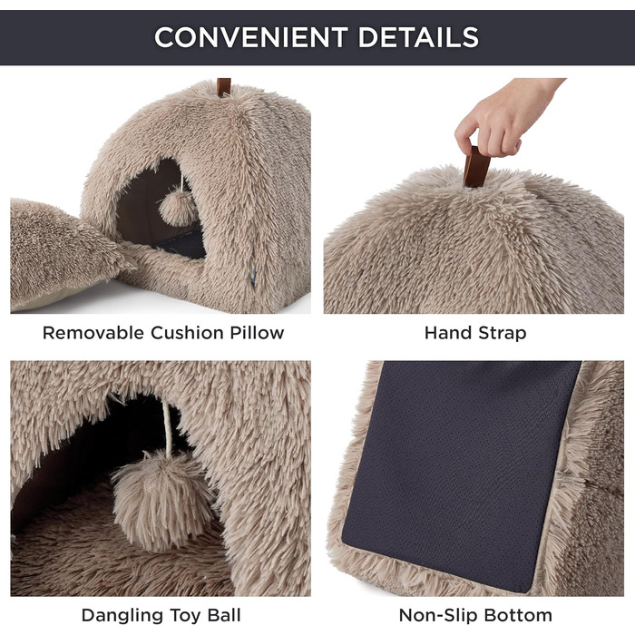 Кішка ліжко BEDSURE велика, кішка печера, 40x40x40 см, плюшеве кішкове будиночок для дому з знімним подушечкою та іграшкою, кішка ліжко BEDSURE, можна прати, (Д 40 x Ш 40 x В 40 см, верблюжий)