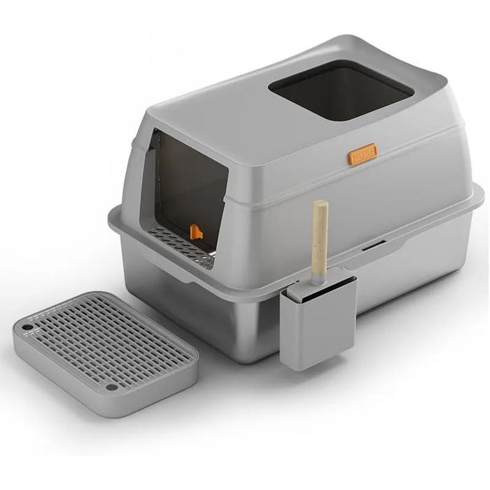 Лоток для котів BingoPaw з кришкою: нержавіюча сталь, XXL, великий лоток з двома фільтрами, високий борт, антивитік, сірий